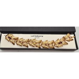VTG Liz Claiborne Gold Tone Leaf Link Bracelet With Colored Stones